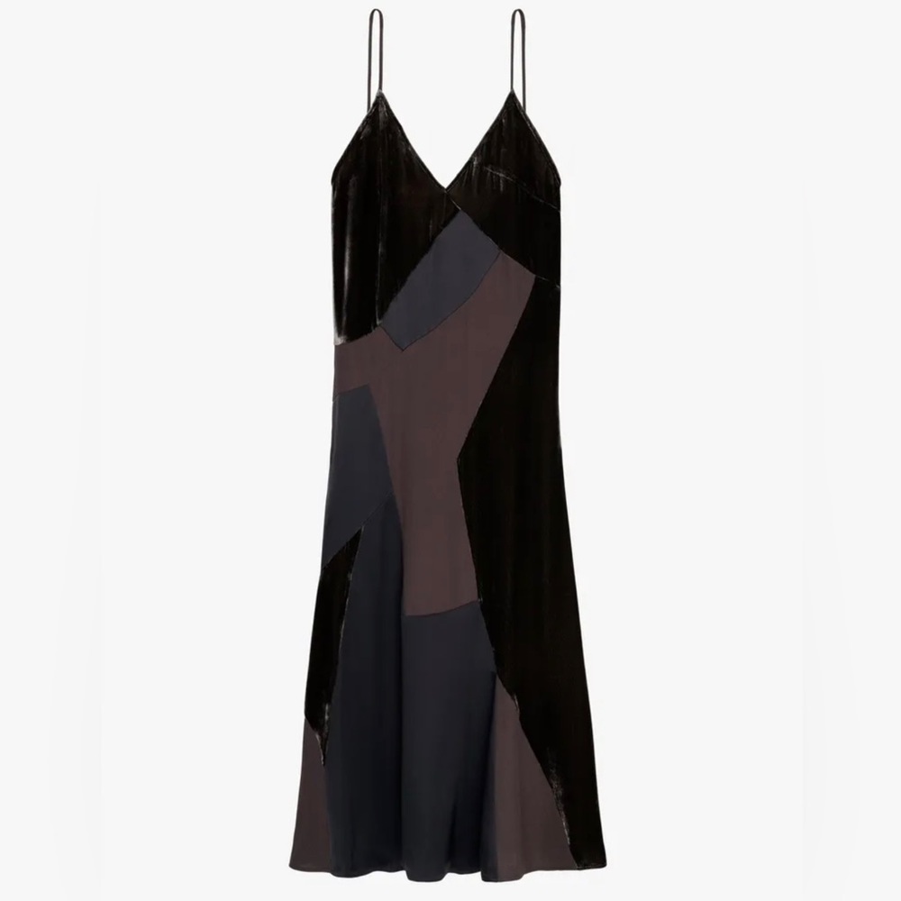 ZARA LIMITED EDITION DRESS Sz M GRAY VELVET SATIN PATCHWORK SPAGHETTI STRAP NWT